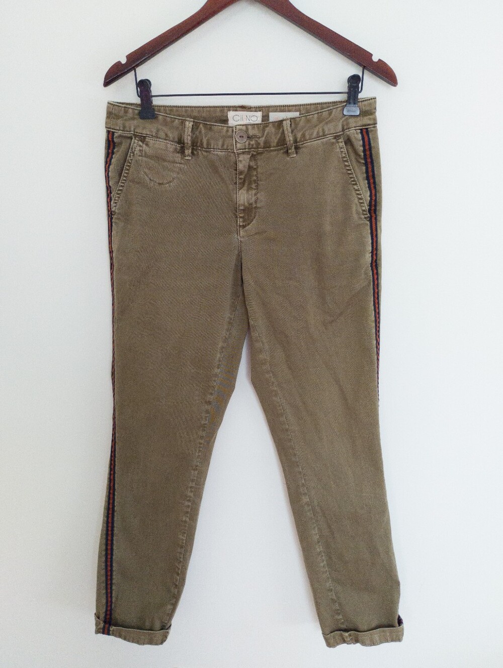 Chino by Anthropologie Relaxed Striped Chino Pants Sz 28 Olive Green Side Stripe